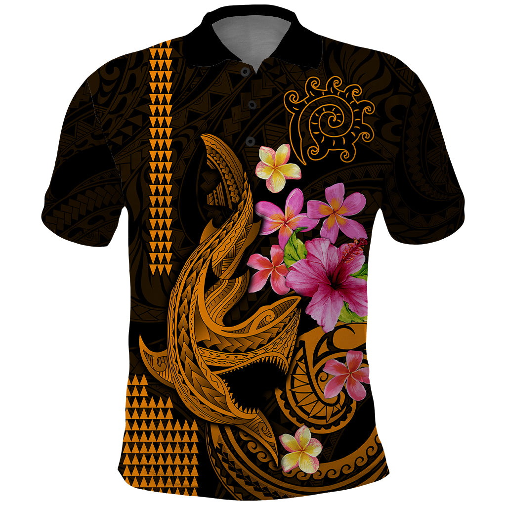 Custom Polynesian Polo Shirt Hawaiian Warriors with Tribal Shark Tattoos Gold LT9 Gold - Polynesian Pride