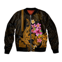 Custom Polynesian Sleeve Zip Bomber Jacket Hawaiian Warriors with Tribal Shark Tattoos - Gold LT9 Unisex Gold - Polynesian Pride