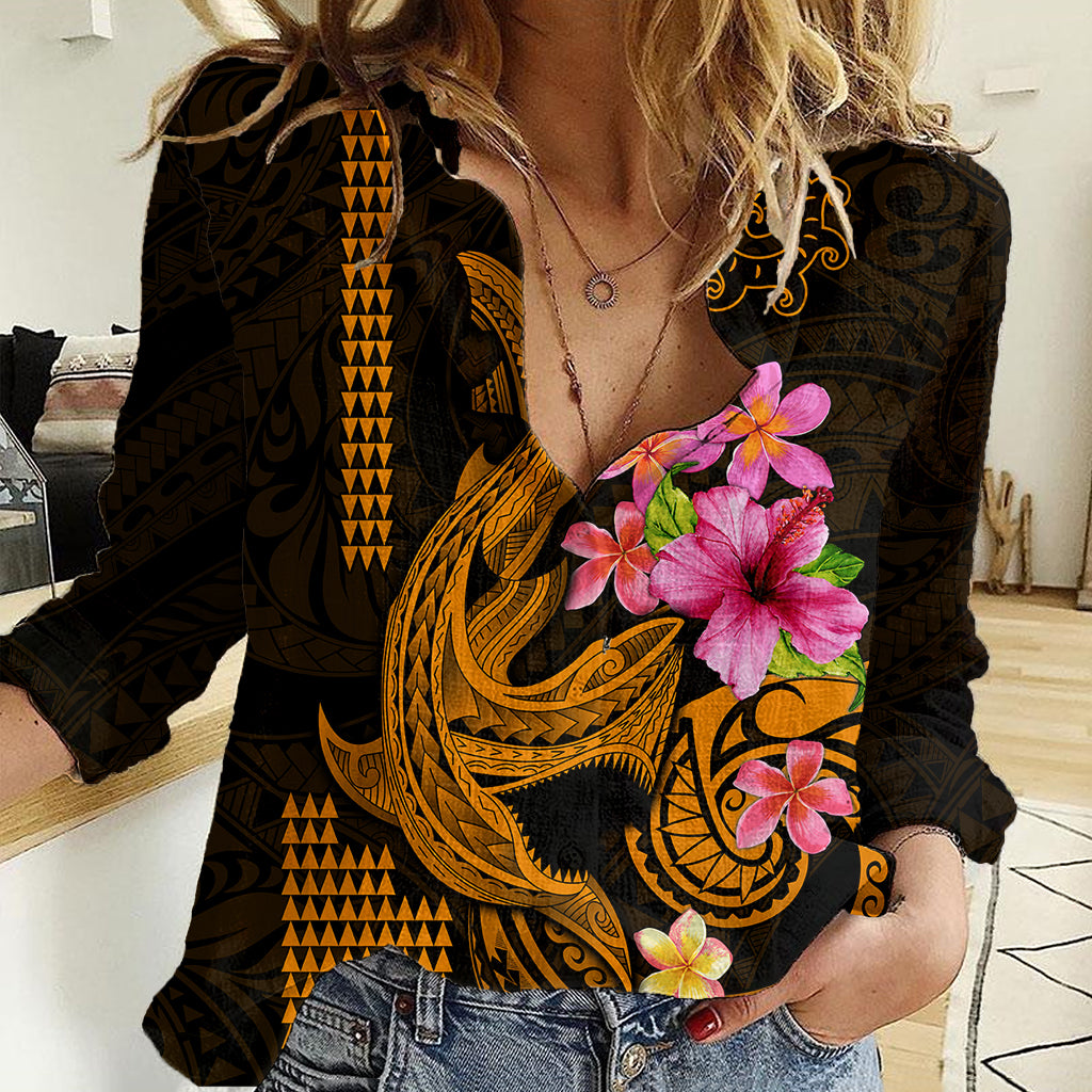 Custom Polynesian Women Casual Shirt Hawaiian Warriors with Tribal Shark Tattoos - Gold LT9 Female Gold - Polynesian Pride