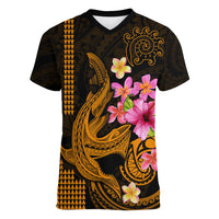 Custom Polynesian Women V Neck T Shirt Hawaiian Warriors with Tribal Shark Tattoos - Gold LT9 Female Gold - Polynesian Pride