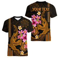 Custom Polynesian Women V Neck T Shirt Hawaiian Warriors with Tribal Shark Tattoos - Gold LT9 - Polynesian Pride