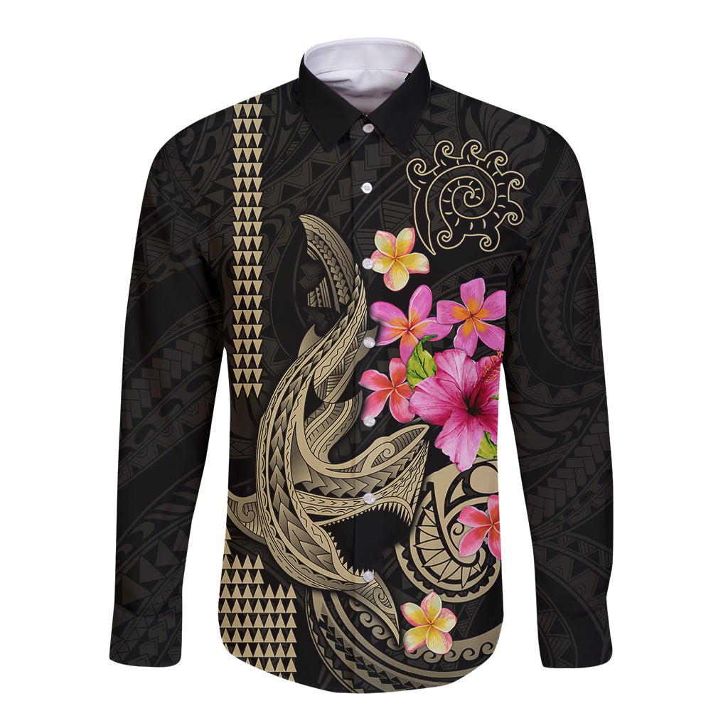 Custom Polynesian Long Sleeve Button Shirt Hawaiian Warriors with Tribal Shark Tattoos - Nude LT9 Unisex Nude - Polynesian Pride
