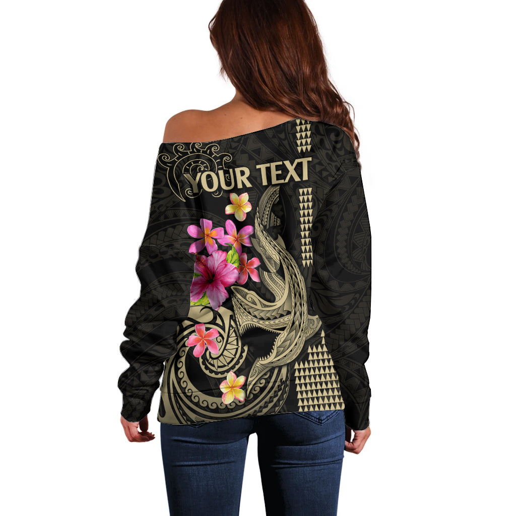 Custom Polynesian Off Shoulder Sweater Hawaiian Warriors with Tribal Shark Tattoos - Nude LT9 - Polynesian Pride