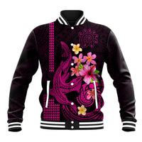 Custom Polynesian Baseball Jacket Hawaiian Warriors with Tribal Shark Tattoos - Pink LT9 Unisex Pink - Polynesian Pride