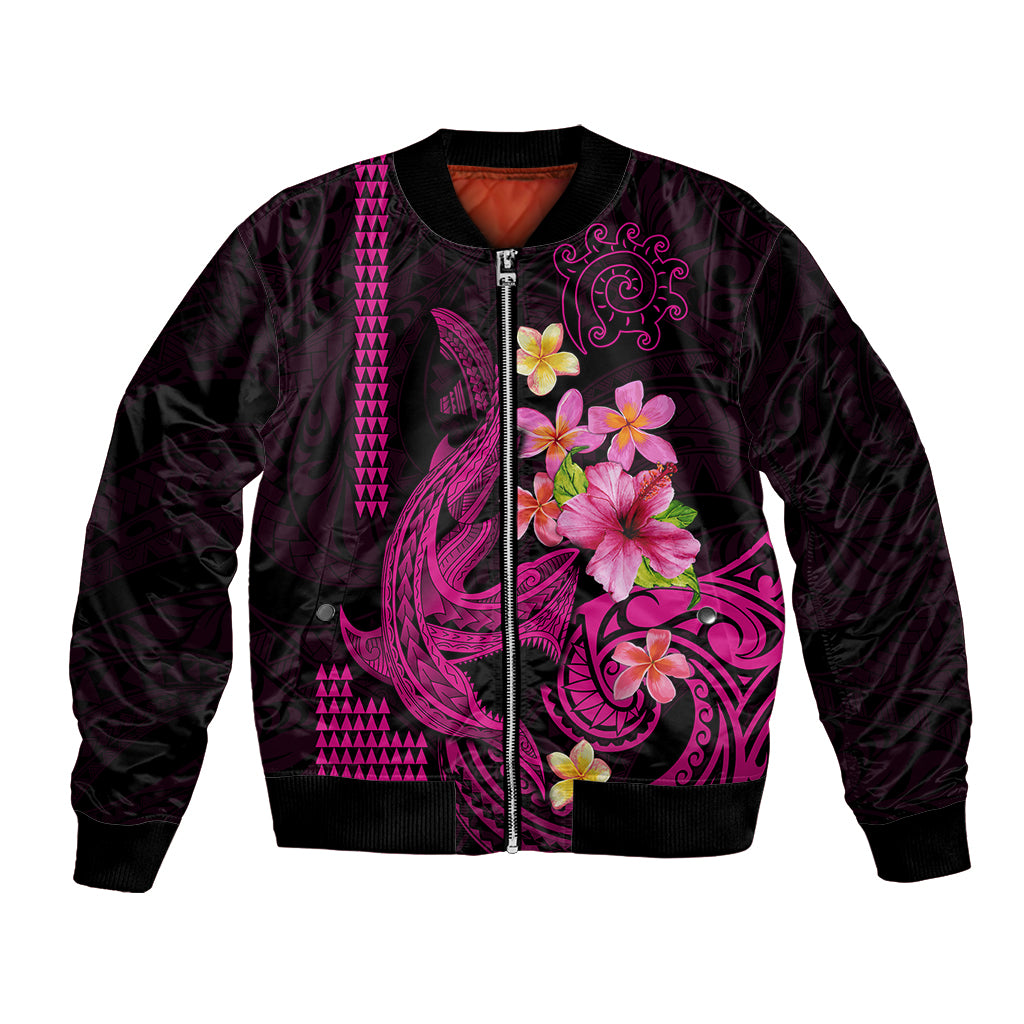 Custom Polynesian Bomber Jacket Hawaiian Warriors with Tribal Shark Tattoos - Pink LT9 Unisex Pink - Polynesian Pride