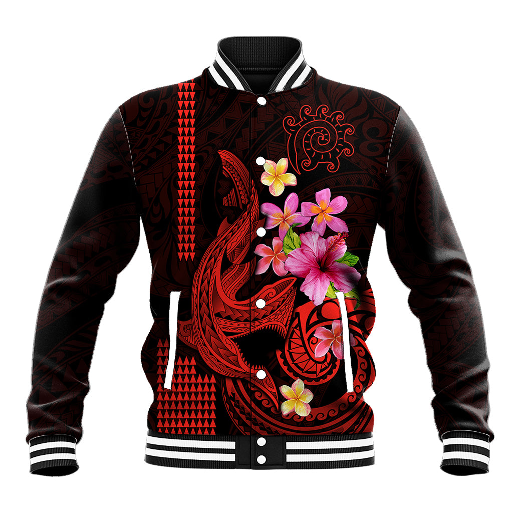 Custom Polynesian Baseball Jacket Hawaiian Warriors with Tribal Shark Tattoos - Red LT9 Unisex Red - Polynesian Pride