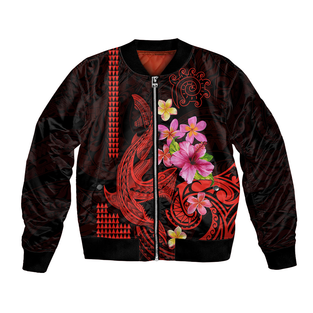 Custom Polynesian Bomber Jacket Hawaiian Warriors with Tribal Shark Tattoos - Red LT9 Unisex Red - Polynesian Pride
