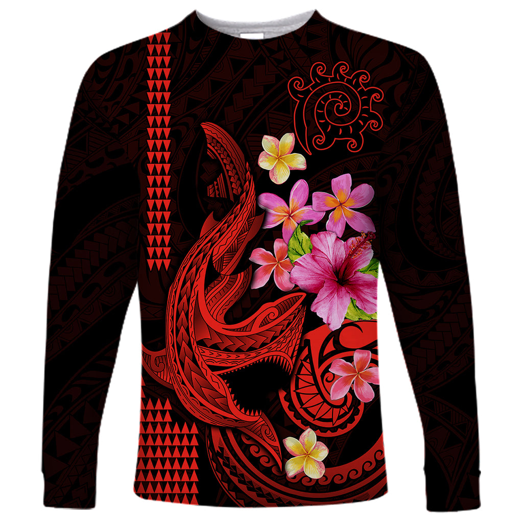 Custom Polynesian Long Sleeve Shirt Hawaiian Warriors with Tribal Shark Tattoos - Red LT9 Unisex Red - Polynesian Pride