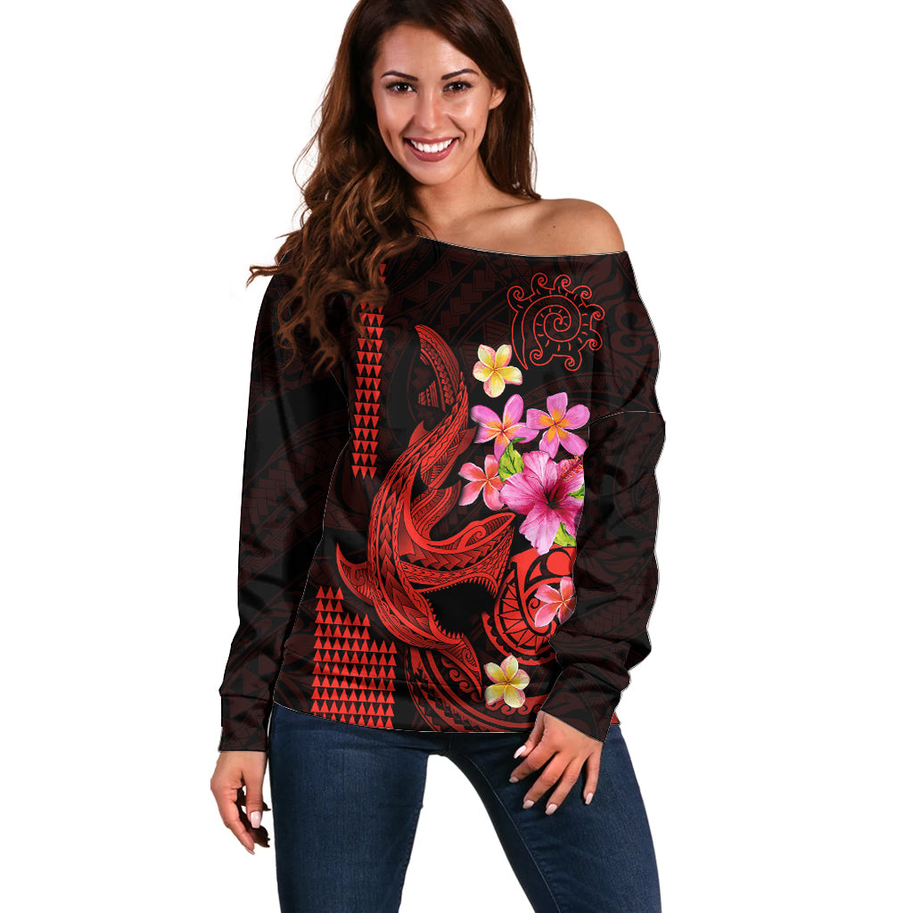 Custom Polynesian Off Shoulder Sweater Hawaiian Warriors with Tribal Shark Tattoos - Red LT9 Women Red - Polynesian Pride