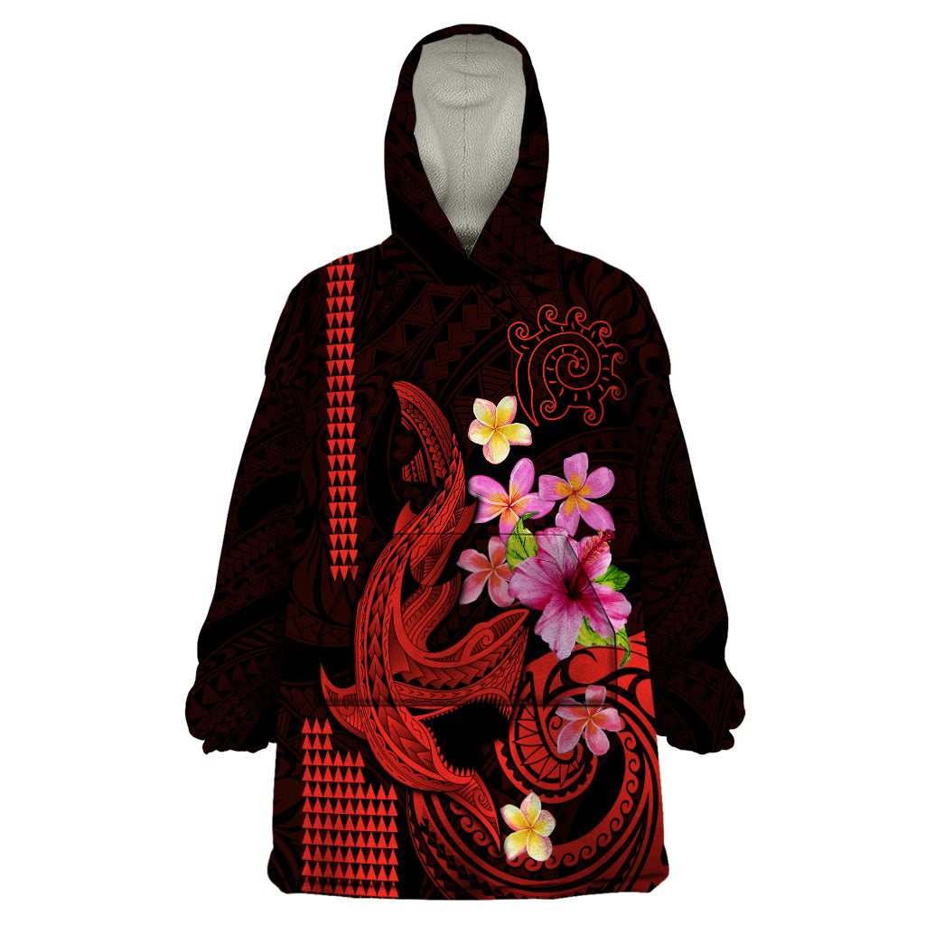 Custom Polynesian Wearable Blanket Hoodie Hawaiian Warriors with Tribal Shark Tattoos - Red LT9 One Size Red - Polynesian Pride