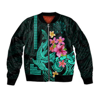 Custom Polynesian Bomber Jacket Hawaiian Warriors with Tribal Shark Tattoos - Turquoise LT9 Unisex Turquoise - Polynesian Pride