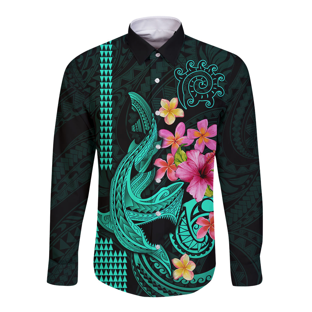 Custom Polynesian Long Sleeve Button Shirt Hawaiian Warriors with Tribal Shark Tattoos - Turquoise LT9 Unisex Turquoise - Polynesian Pride