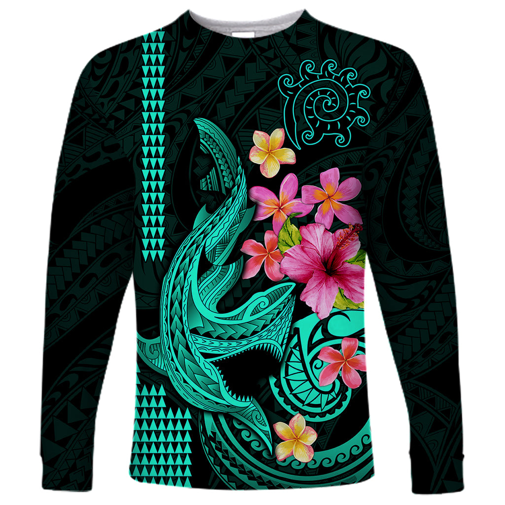 Custom Polynesian Long Sleeve Shirt Hawaiian Warriors with Tribal Shark Tattoos - Turquoise LT9 Unisex Turquoise - Polynesian Pride