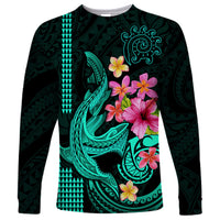 Custom Polynesian Long Sleeve Shirt Hawaiian Warriors with Tribal Shark Tattoos - Turquoise LT9 Unisex Turquoise - Polynesian Pride