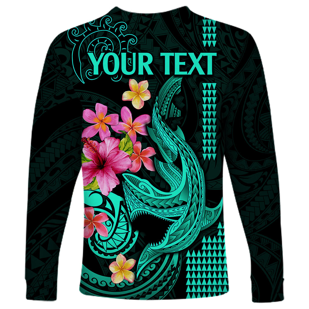 Custom Polynesian Long Sleeve Shirt Hawaiian Warriors with Tribal Shark Tattoos - Turquoise LT9 - Polynesian Pride
