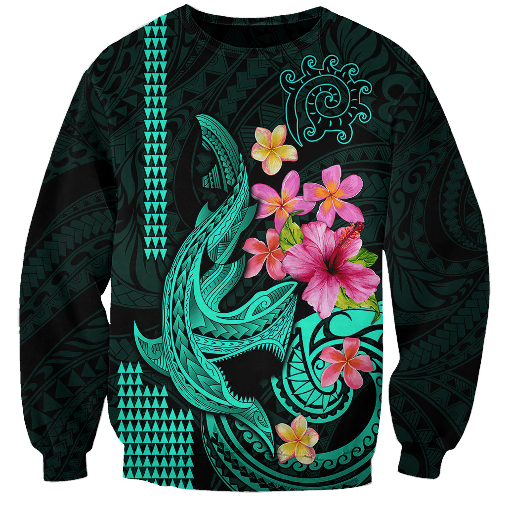 Custom Polynesian Sweatshirt Hawaiian Warriors with Tribal Shark Tattoos - Turquoise LT9 Unisex Turquoise - Polynesian Pride