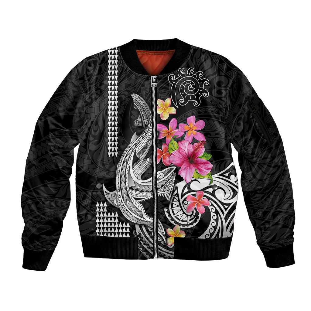 Custom Polynesian Sleeve Zip Bomber Jacket Hawaiian Warriors with Tribal Shark Tattoos - White LT9 Unisex White - Polynesian Pride