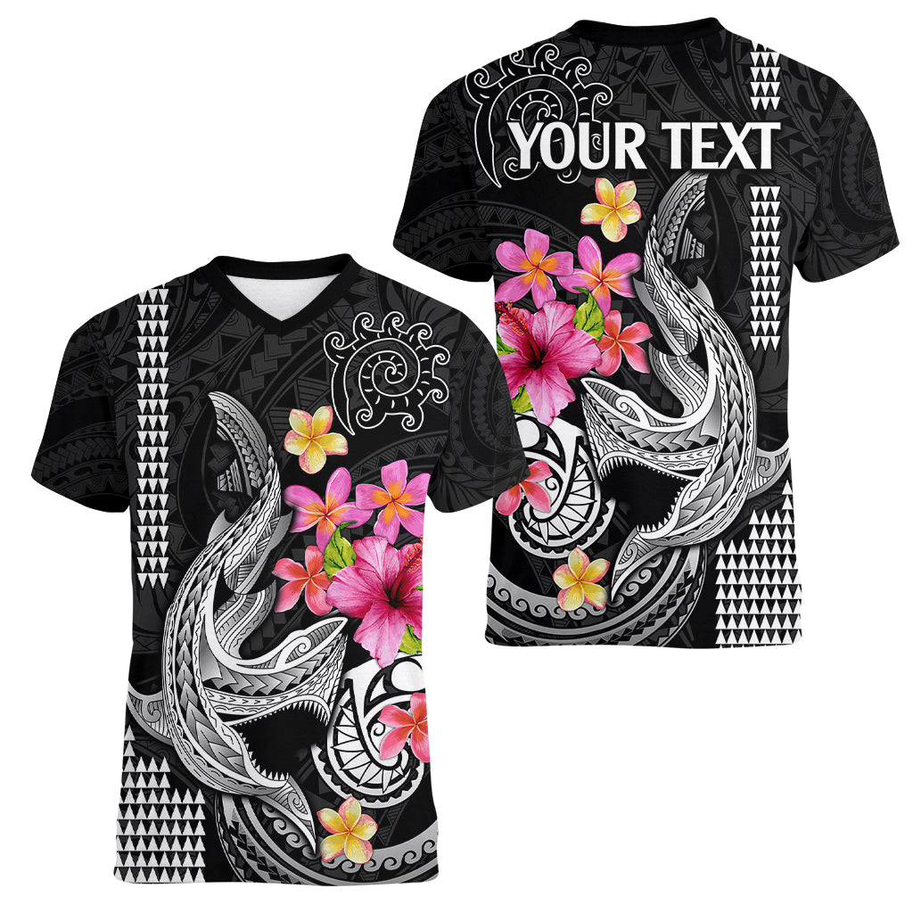 Custom Polynesian Women V Neck T Shirt Hawaiian Warriors with Tribal Shark Tattoos - White LT9 - Polynesian Pride