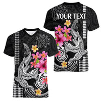 Custom Polynesian Women V Neck T Shirt Hawaiian Warriors with Tribal Shark Tattoos - White LT9 - Polynesian Pride