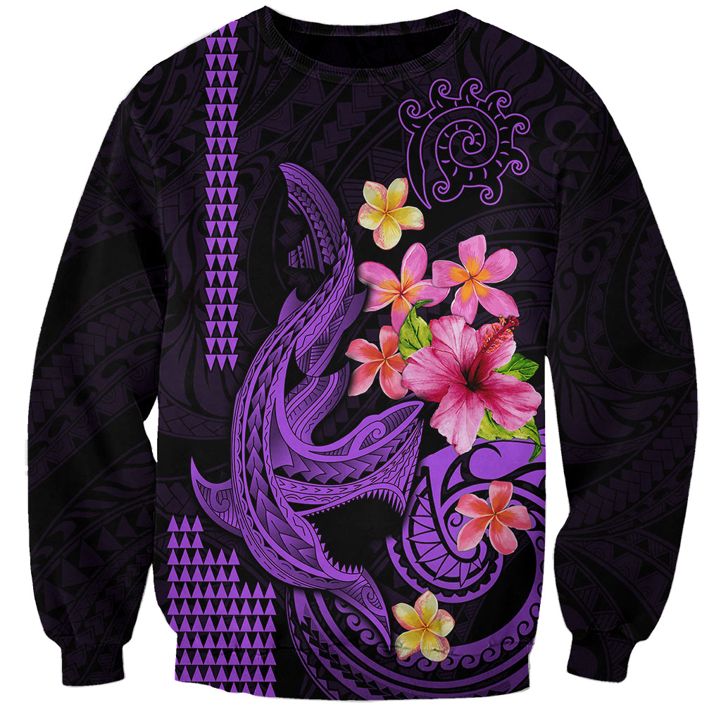 Custom Polynesian Sweatshirt Hawaiian Warriors with Tribal Shark Tattoos - Purple LT9 Unisex Purple - Polynesian Pride