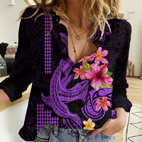 Custom Polynesian Women Casual Shirt Hawaiian Warriors with Tribal Shark Tattoos - Purple LT9 Female Purple - Polynesian Pride