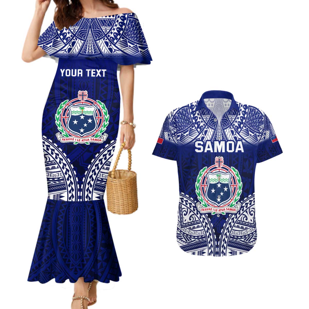 Personalised Samoa Coat Of Arms Couples Matching Mermaid Dress and Hawaiian Shirt With Polynesian Pattern Version