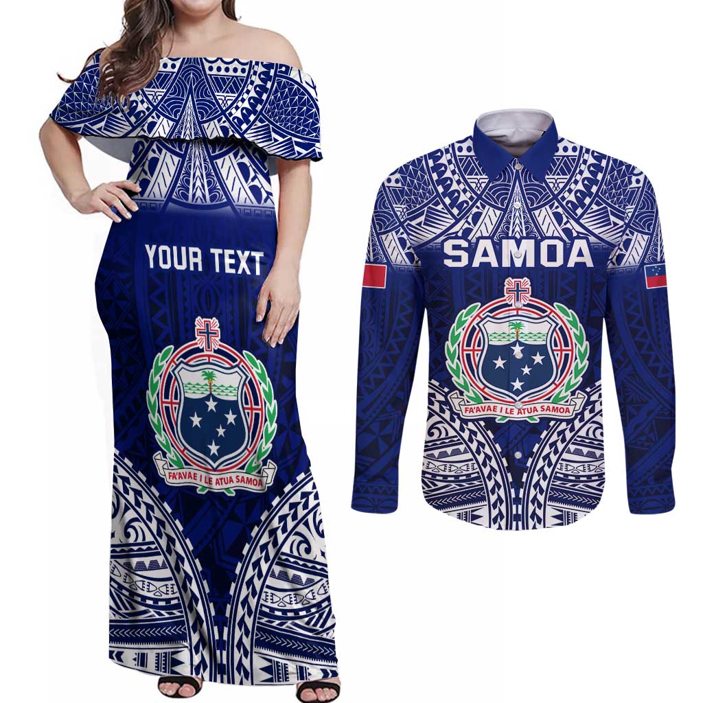 Personalised Samoa Coat Of Arms Couples Matching Off Shoulder Maxi Dress and Long Sleeve Button Shirt With Polynesian Pattern Version