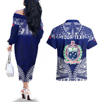 Personalised Samoa Coat Of Arms Couples Matching Off The Shoulder Long Sleeve Dress and Hawaiian Shirt With Polynesian Pattern Version