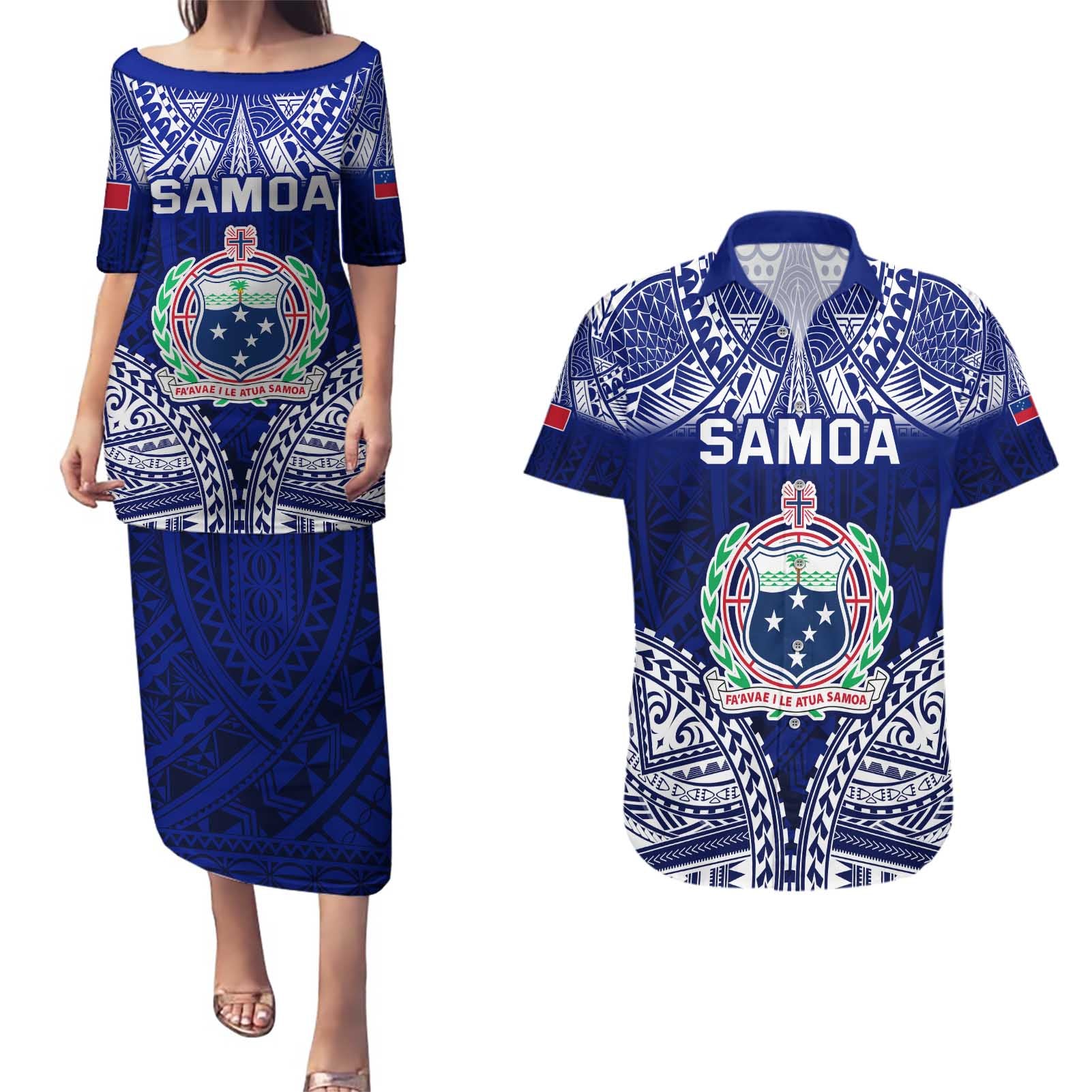 Personalised Samoa Coat Of Arms Couples Matching Puletasi and Hawaiian Shirt With Polynesian Pattern Version