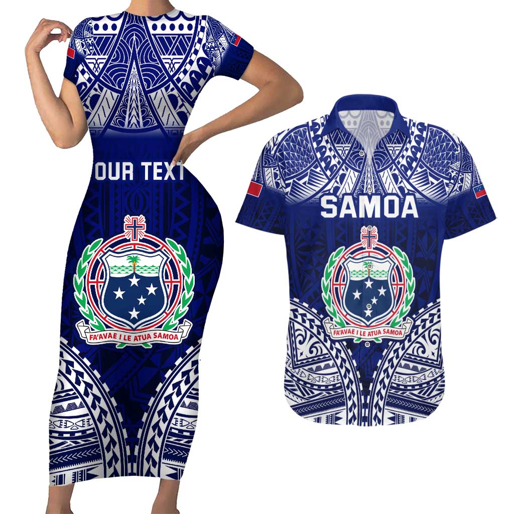 Personalised Samoa Coat Of Arms Couples Matching Short Sleeve Bodycon Dress and Hawaiian Shirt With Polynesian Pattern Version