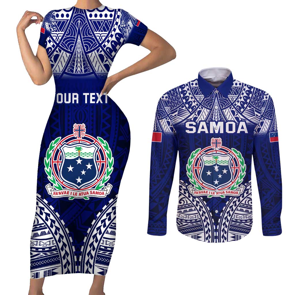 Personalised Samoa Coat Of Arms Couples Matching Short Sleeve Bodycon Dress and Long Sleeve Button Shirt With Polynesian Pattern Version