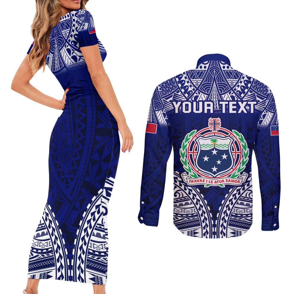 Personalised Samoa Coat Of Arms Couples Matching Short Sleeve Bodycon Dress and Long Sleeve Button Shirt With Polynesian Pattern Version