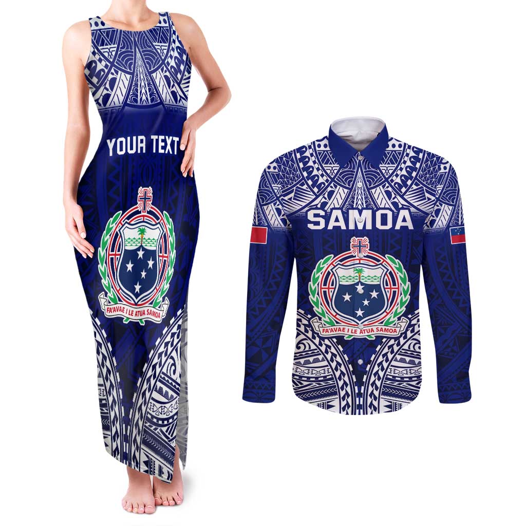 Personalised Samoa Coat Of Arms Couples Matching Tank Maxi Dress and Long Sleeve Button Shirt With Polynesian Pattern Version