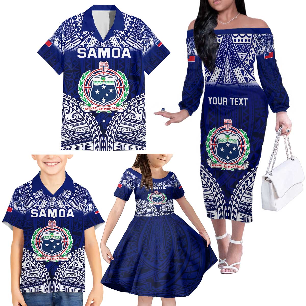 Personalised Samoa Coat Of Arms Family Matching Off The Shoulder Long Sleeve Dress and Hawaiian Shirt With Polynesian Pattern Version
