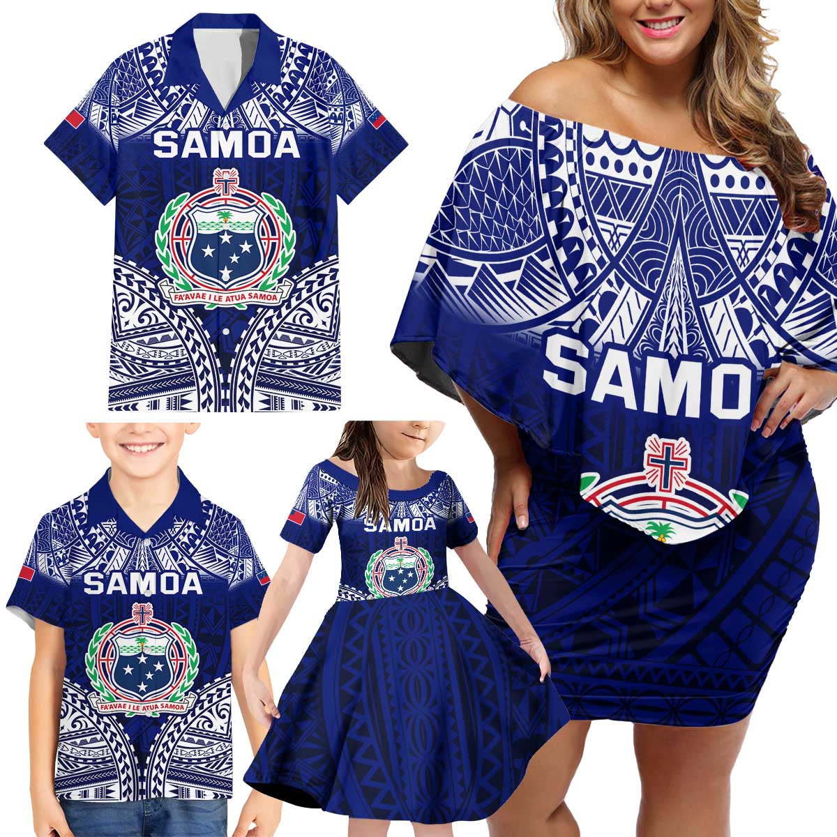 Personalised Samoa Coat Of Arms Family Matching Off Shoulder Short Dress and Hawaiian Shirt With Polynesian Pattern Version
