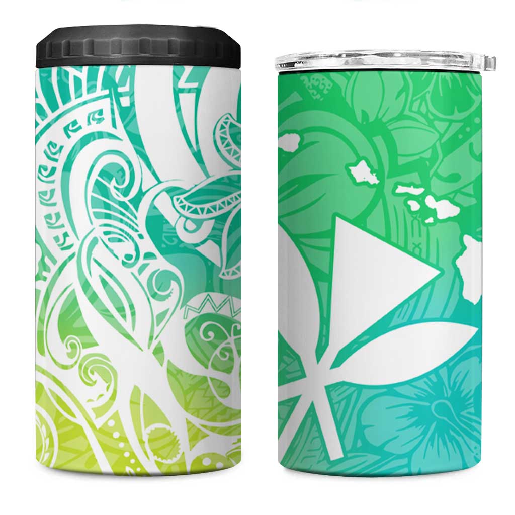 Polynesian Tribal Plumeria 4 in 1 Can Cooler Tumbler with Hawaii Kanaka Maoli Green Gradient Version