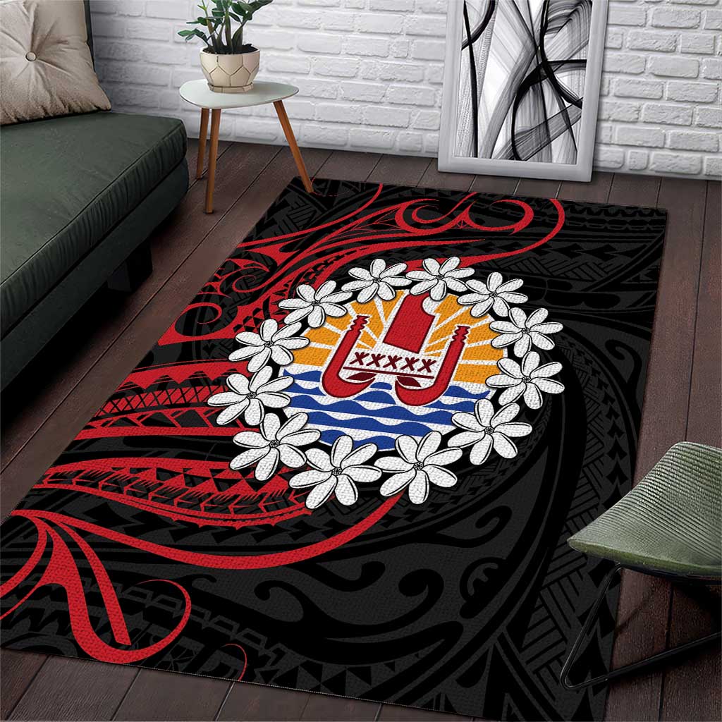 Tahitian Coat Of Arm and Tiare Flower Area Rug Polynesian Tribal Tattoo