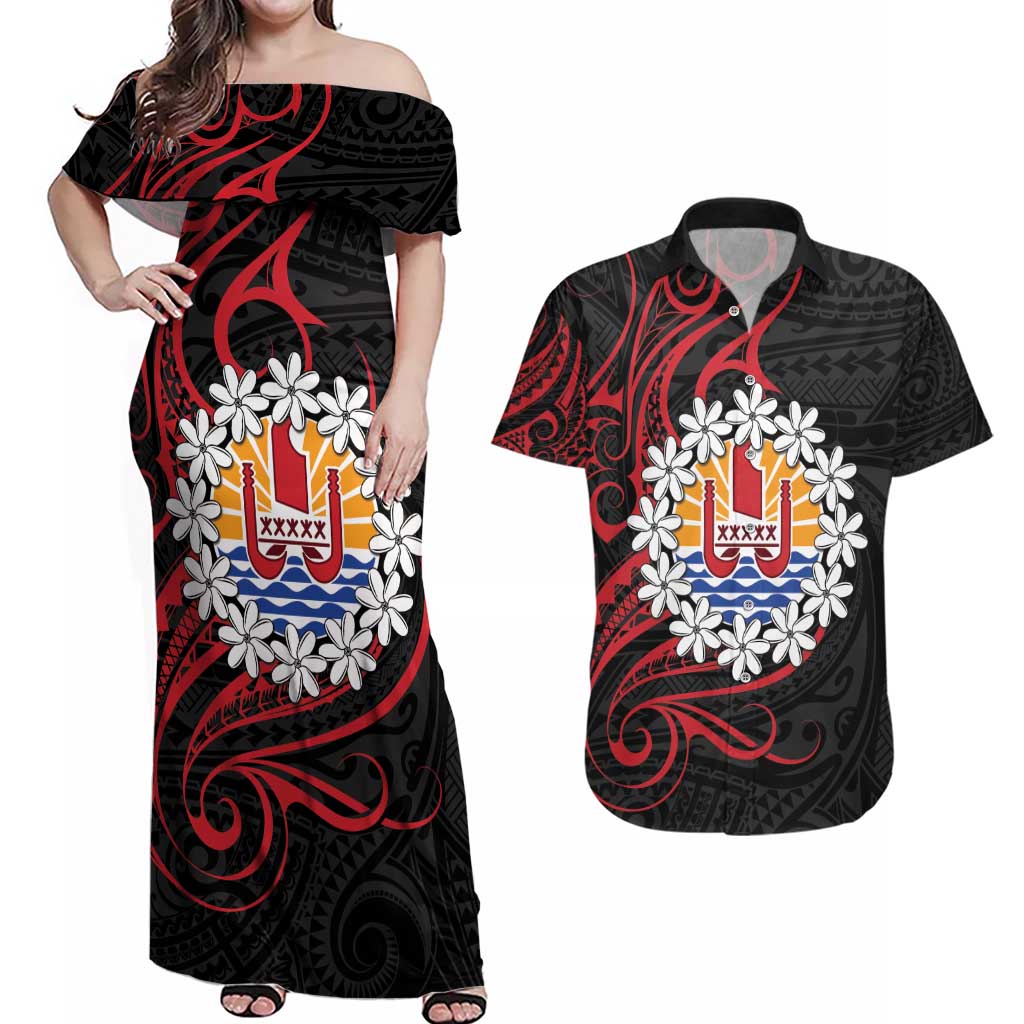 Tahitian Coat Of Arm and Tiare Flower Couples Matching Off Shoulder Maxi Dress and Hawaiian Shirt Polynesian Tribal Tattoo