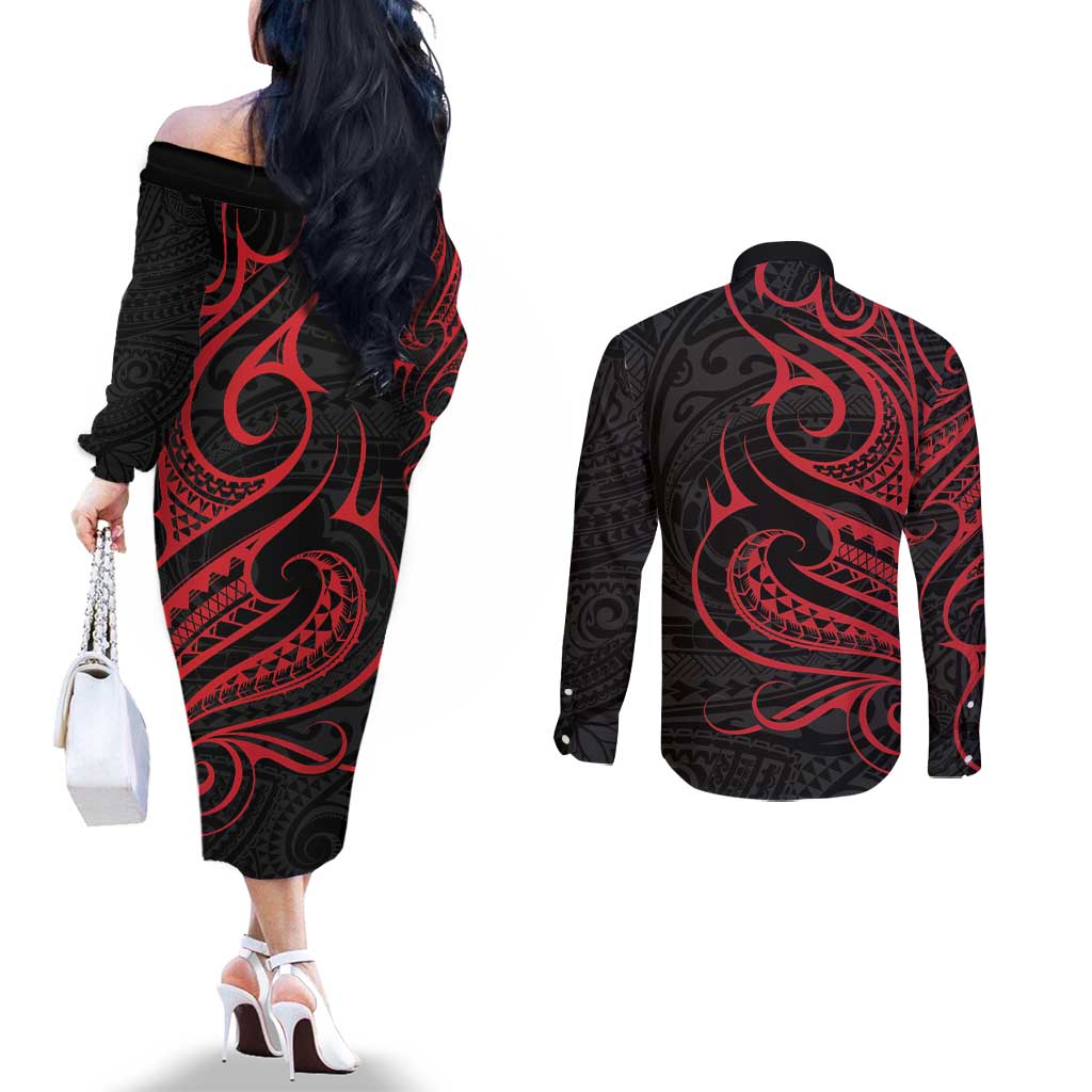 Tahitian Coat Of Arm and Tiare Flower Couples Matching Off The Shoulder Long Sleeve Dress and Long Sleeve Button Shirt Polynesian Tribal Tattoo