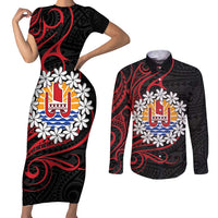 Tahitian Coat Of Arm and Tiare Flower Couples Matching Short Sleeve Bodycon Dress and Long Sleeve Button Shirt Polynesian Tribal Tattoo
