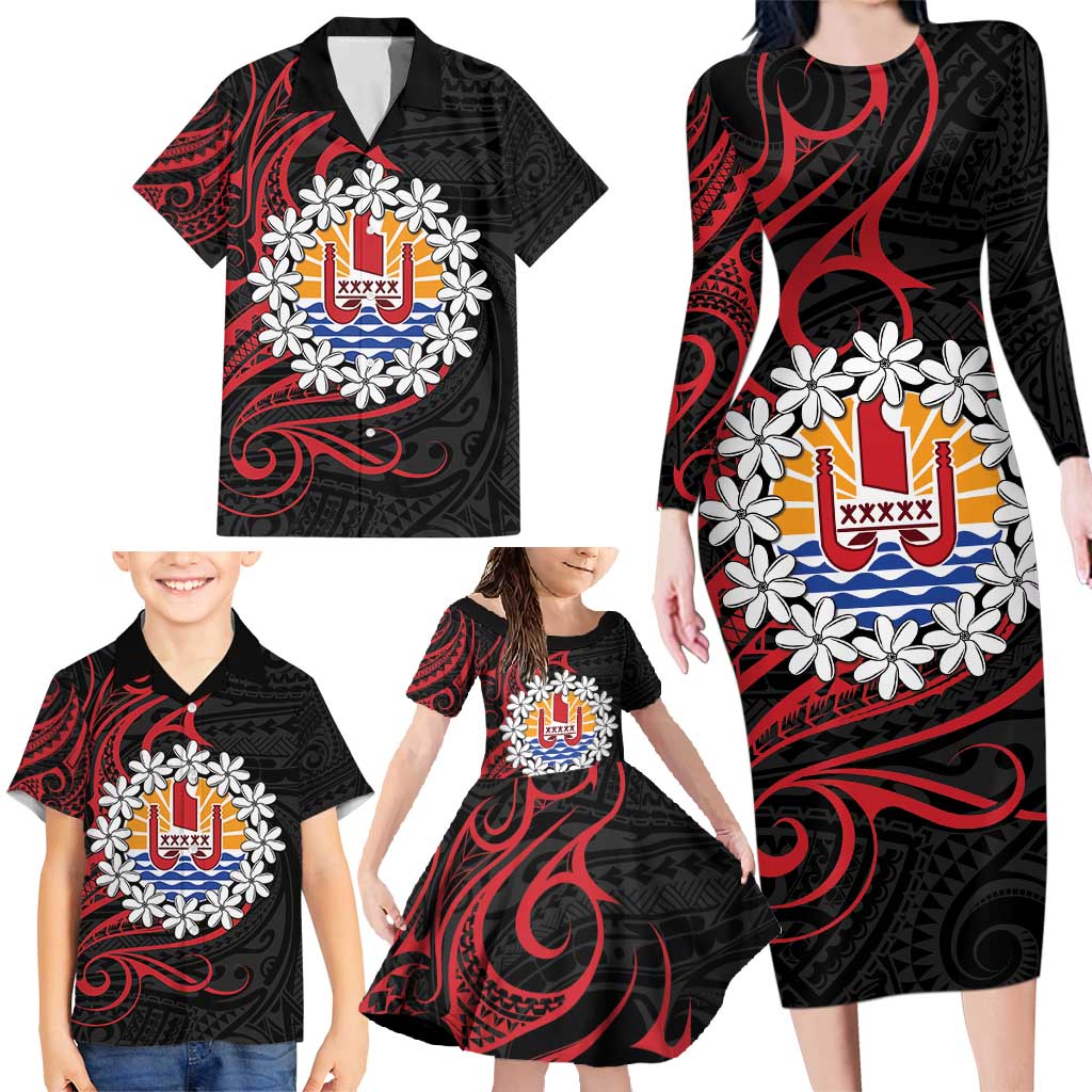 Tahitian Coat Of Arm and Tiare Flower Family Matching Long Sleeve Bodycon Dress and Hawaiian Shirt Polynesian Tribal Tattoo