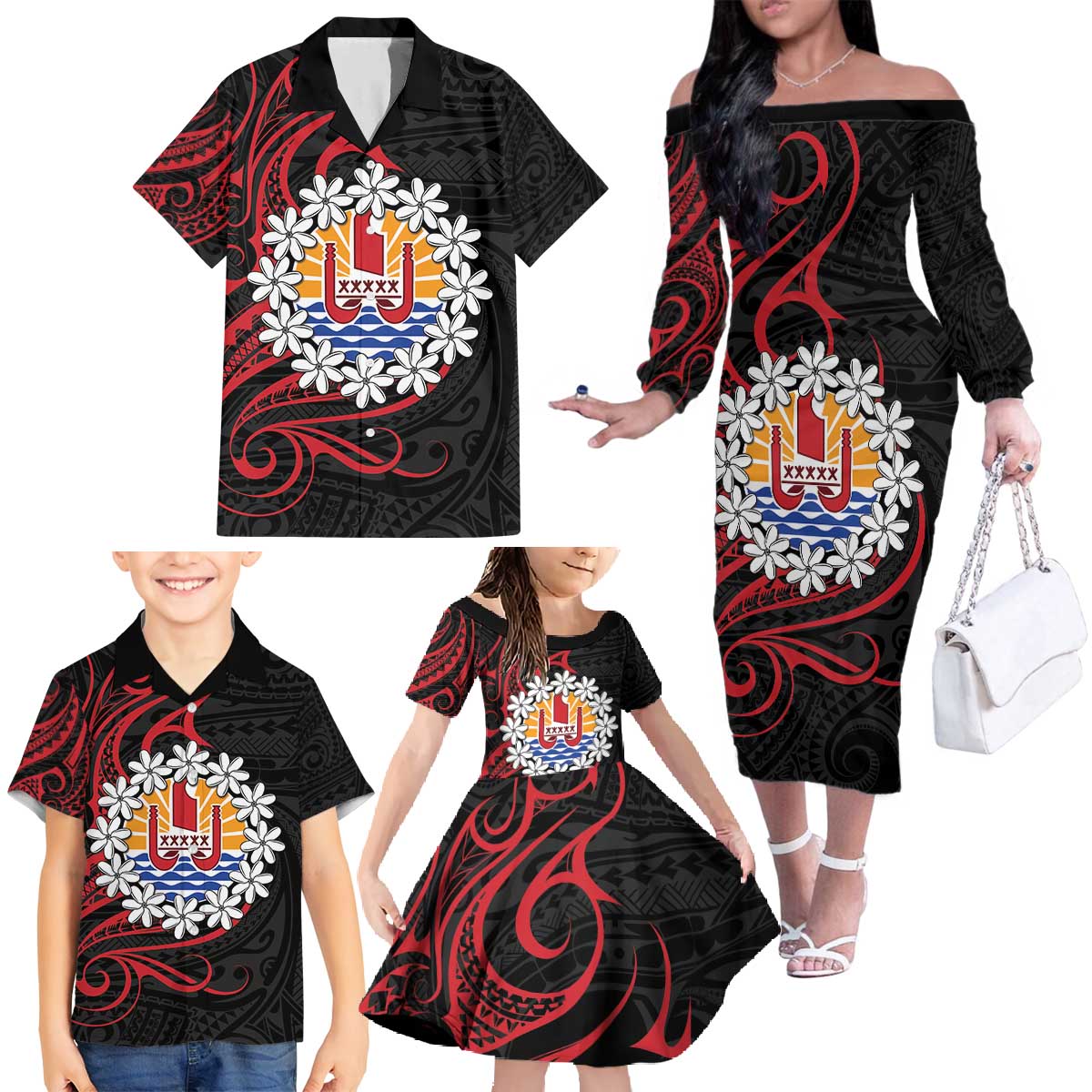 Tahitian Coat Of Arm and Tiare Flower Family Matching Off The Shoulder Long Sleeve Dress and Hawaiian Shirt Polynesian Tribal Tattoo