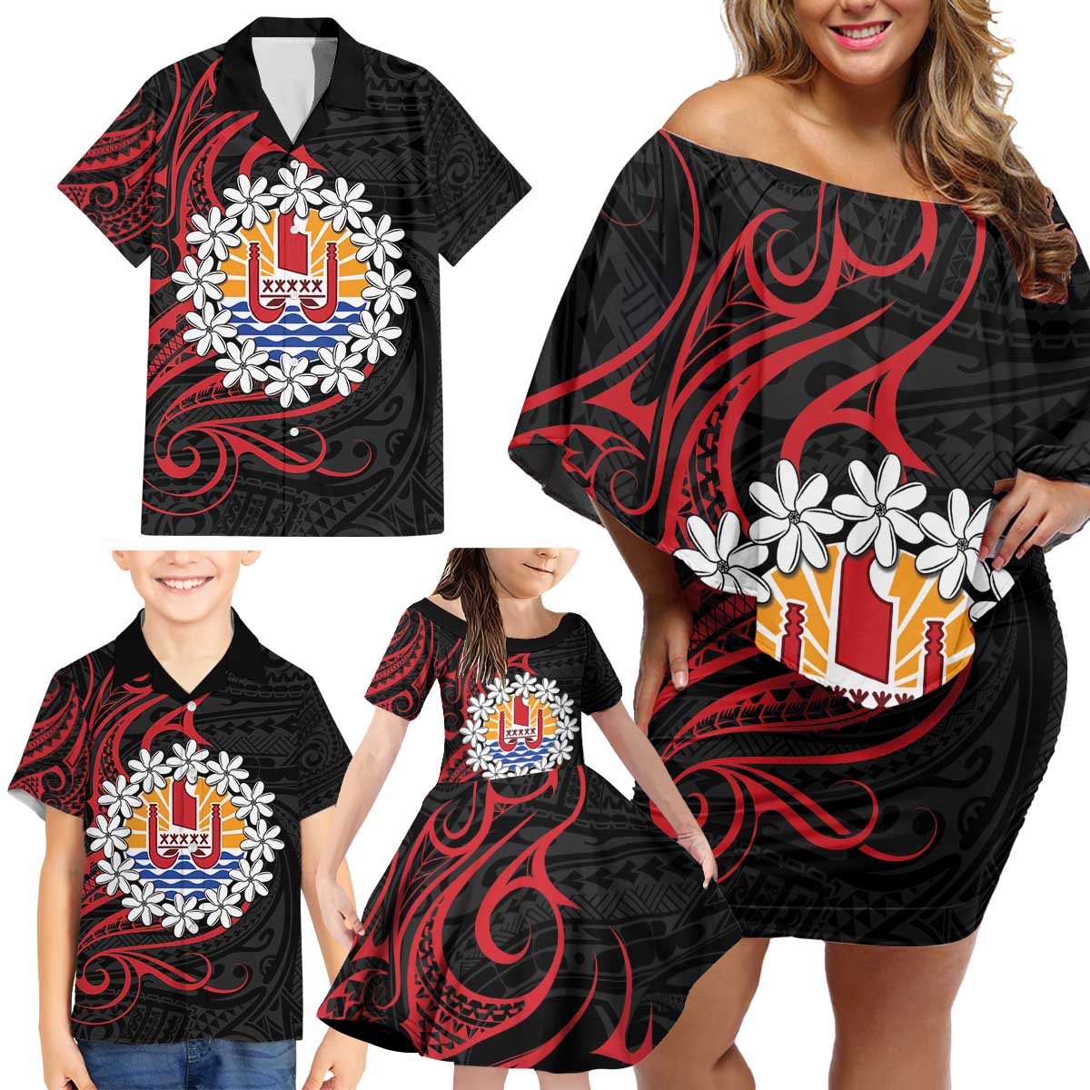 Tahitian Coat Of Arm and Tiare Flower Family Matching Off Shoulder Short Dress and Hawaiian Shirt Polynesian Tribal Tattoo