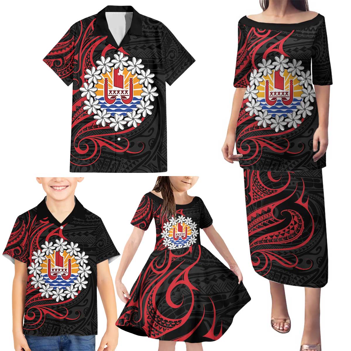 Tahitian Coat Of Arm and Tiare Flower Family Matching Puletasi and Hawaiian Shirt Polynesian Tribal Tattoo