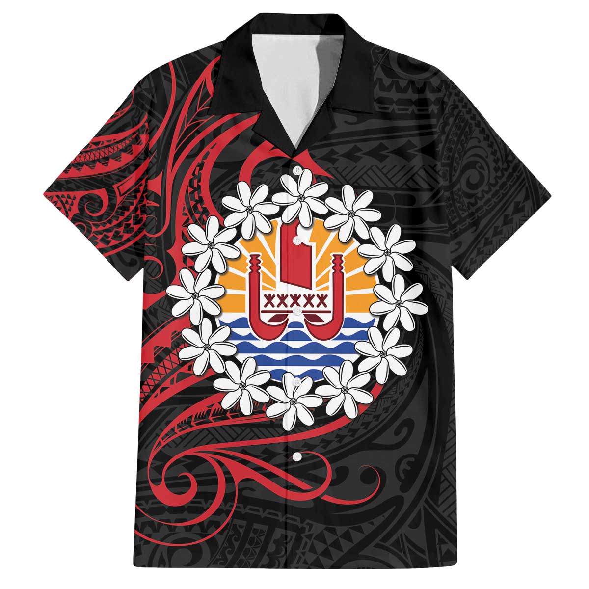Tahitian Coat Of Arm and Tiare Flower Family Matching Puletasi and Hawaiian Shirt Polynesian Tribal Tattoo