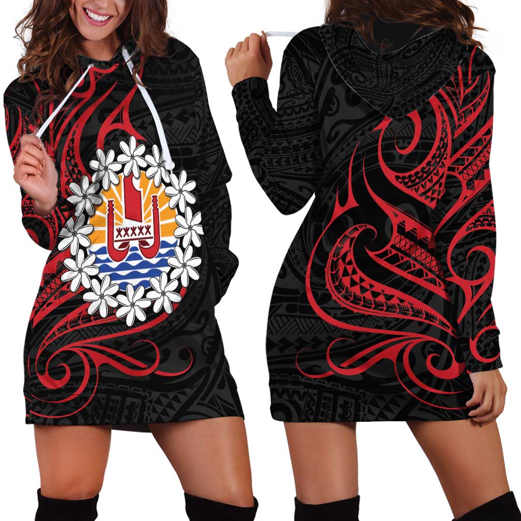 Tahitian Coat Of Arm and Tiare Flower Hoodie Dress Polynesian Tribal Tattoo