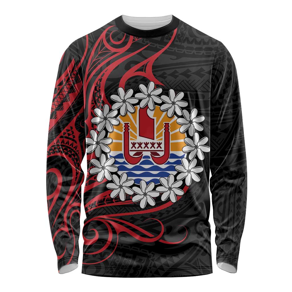 Tahitian Coat Of Arm and Tiare Flower Long Sleeve Shirt Polynesian Tribal Tattoo