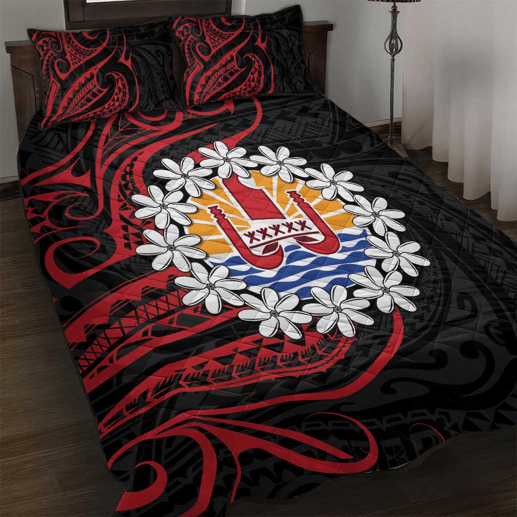 Tahitian Coat Of Arm and Tiare Flower Quilt Bed Set Polynesian Tribal Tattoo