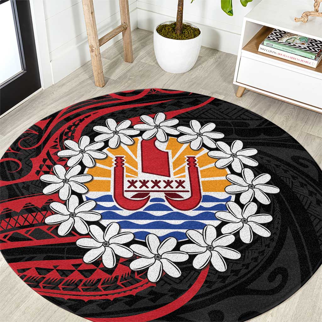 Tahitian Coat Of Arm and Tiare Flower Round Carpet Polynesian Tribal Tattoo