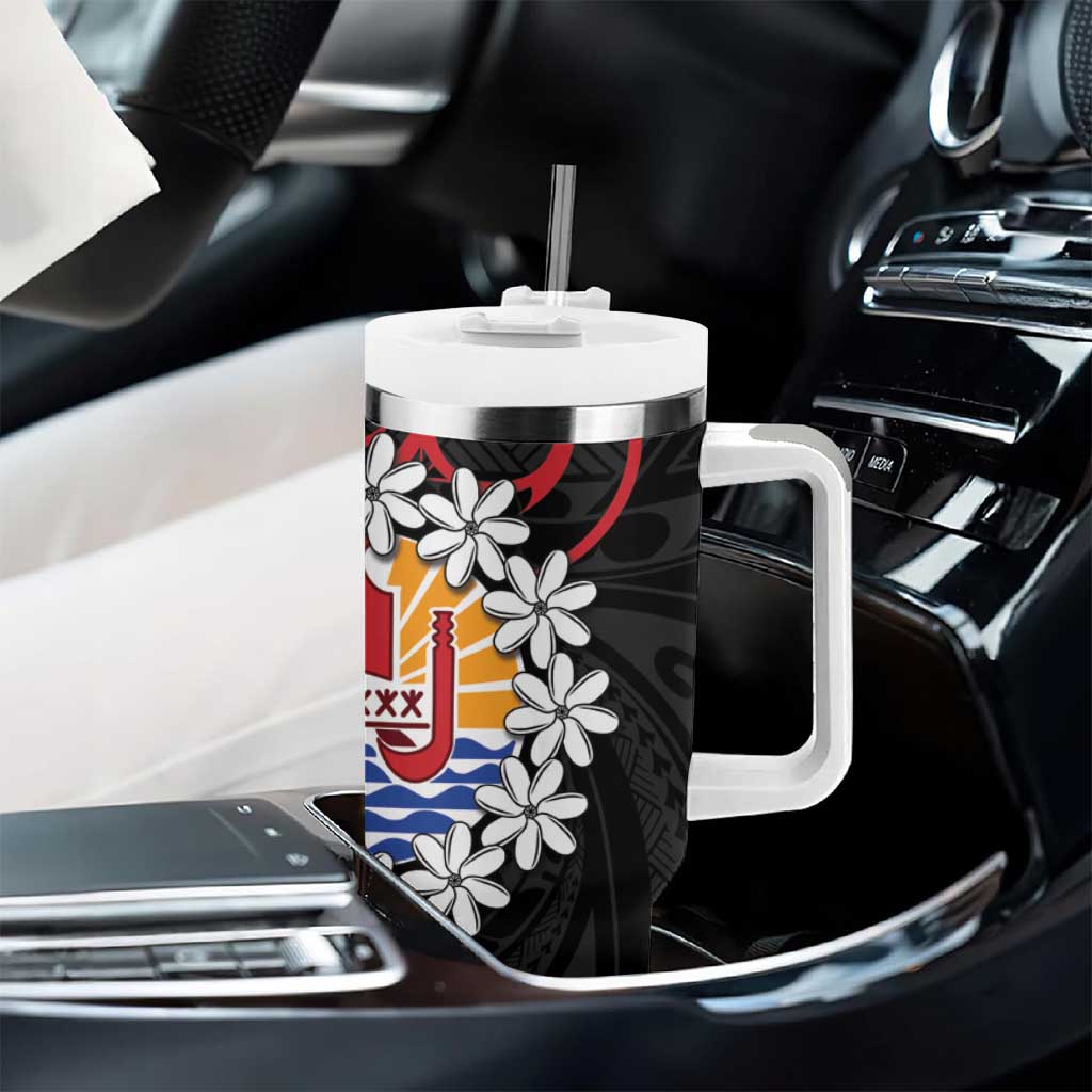 Tahitian Coat Of Arm and Tiare Flower Tumbler With Handle Polynesian Tribal Tattoo